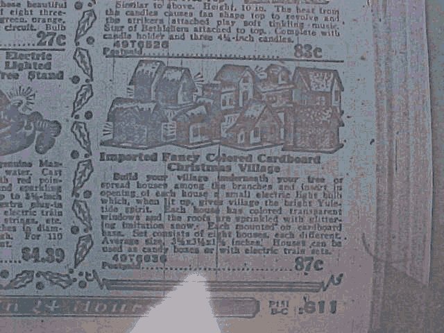 cardboard Christmas houses ad from Sears and Roebuck 
Winter 1929-30 catalog