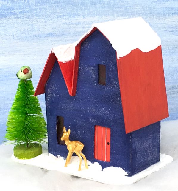 Front Christmas Putz house no 1 with deer, green bottlebrush tree.jpg