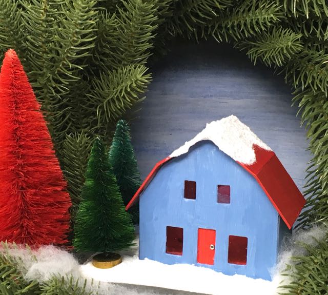 Frosty Barn Christmas Putz House with three bottle brush trees.jpg