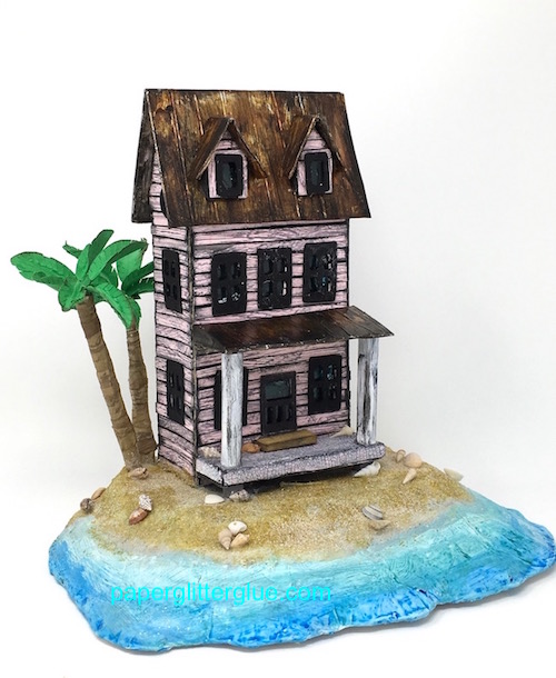 Pink Sea Worn Beach Cottage with palm trees paperglitterglue.jpeg
