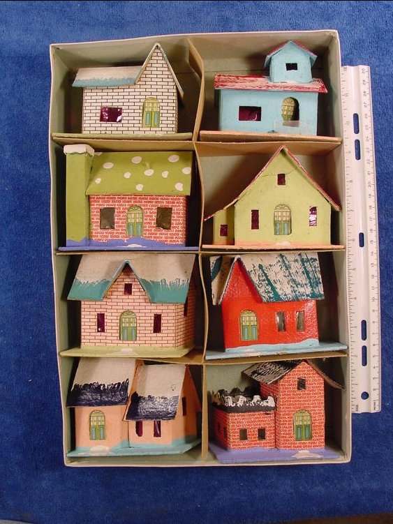 1928 Made in Japan cardboard Christmas 
houses boxed set